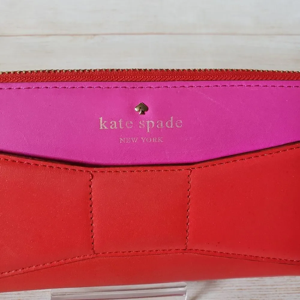 Kate Spade Leather Neda Bridge Place Zip Around Long Wallet Bow Pink Red